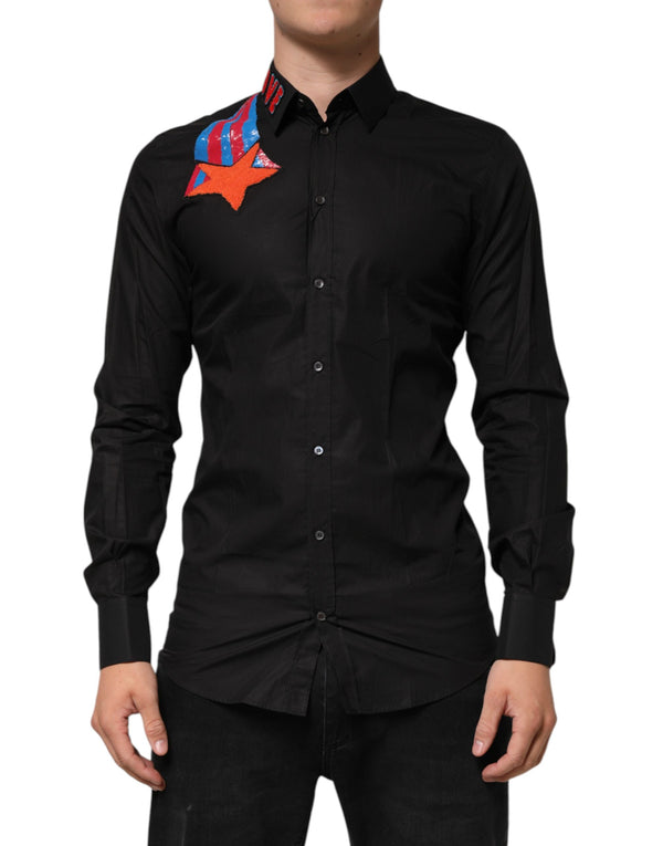 Dolce & Gabbana Black Cotton Star Sequin Dress Formal Men Shirt