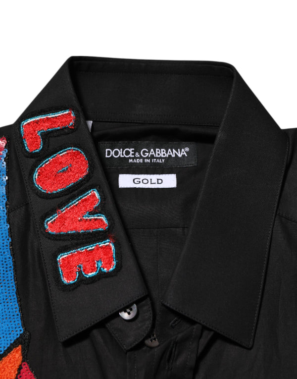Dolce & Gabbana Black Cotton Star Sequin Dress Formal Men Shirt