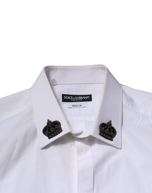 Dolce & Gabbana White Cotton Crown Collar GOLD Formal Shirt
