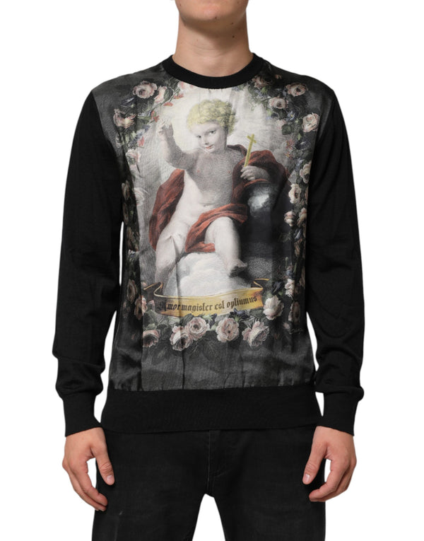 Dolce & Gabbana Black Cashmere Cherub Print Baroque Sweater