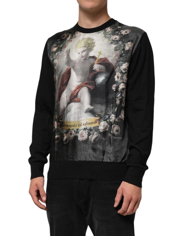 Dolce & Gabbana Black Cashmere Cherub Print Baroque Sweater