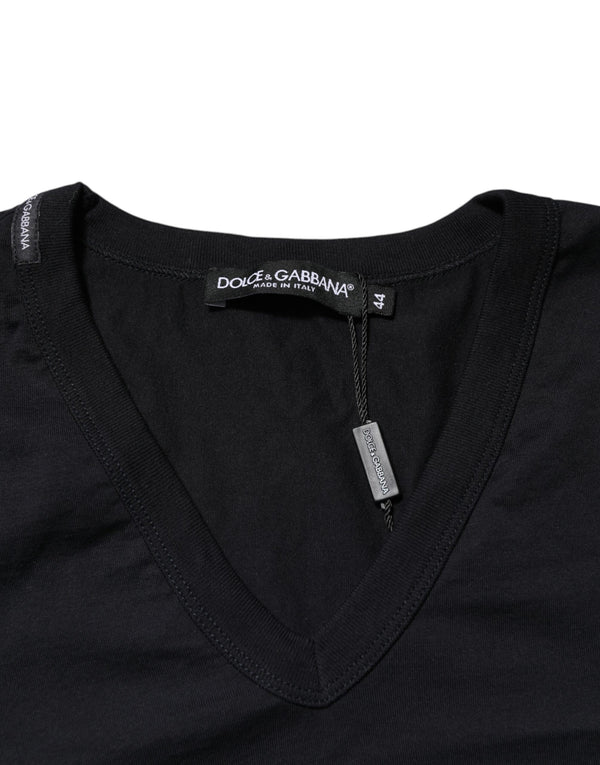 Dolce & Gabbana Black Cotton Plain V-Neck Men Shirt T-shirt