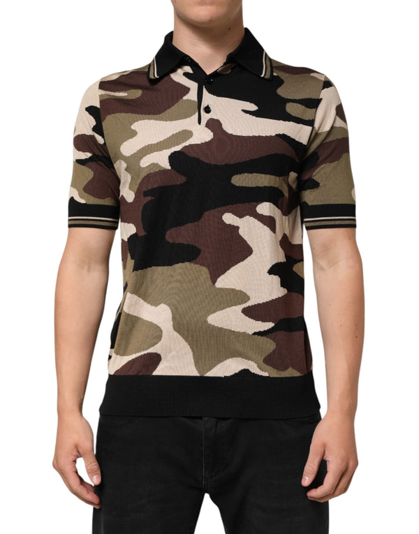 Dolce & Gabbana Camouflage Brown Silk Military Polo T-shirt