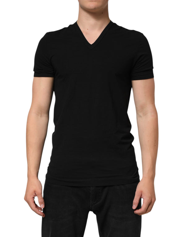Dolce & Gabbana Black Cotton Slim Fit Men V-Neck Shirt T-shirt