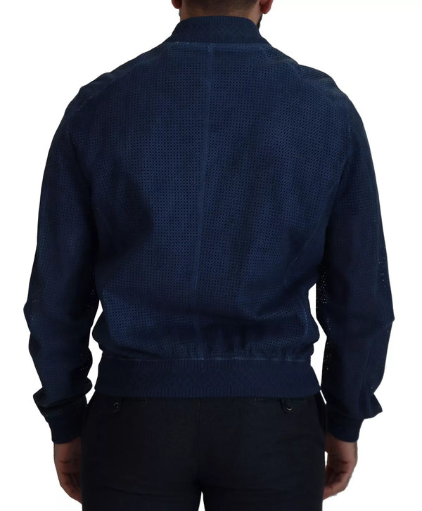 Dolce & Gabbana Blue Leather Perforated Full Zip Jacket