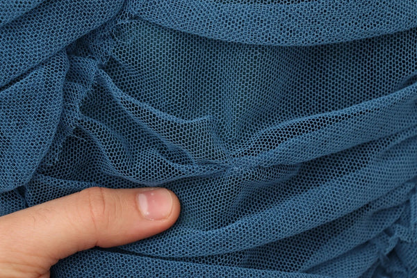 Dolce & Gabbana Blue Mesh Trim Ruched Tulle Sheath Dress