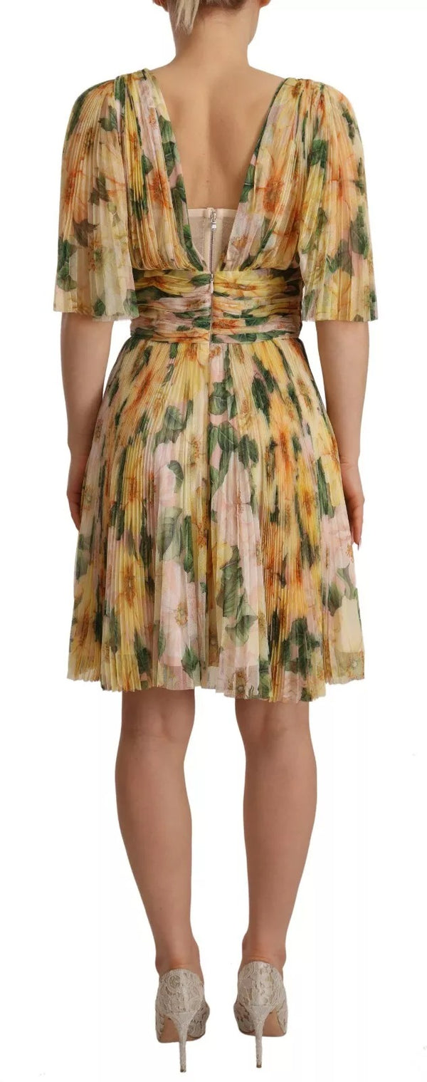 Dolce & Gabbana Yellow Floral Print Pleated Maxi Dress
