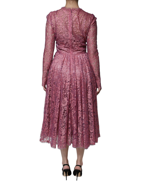 Dolce & Gabbana Pink Floral Lace Long Sleeve Midi Dress
