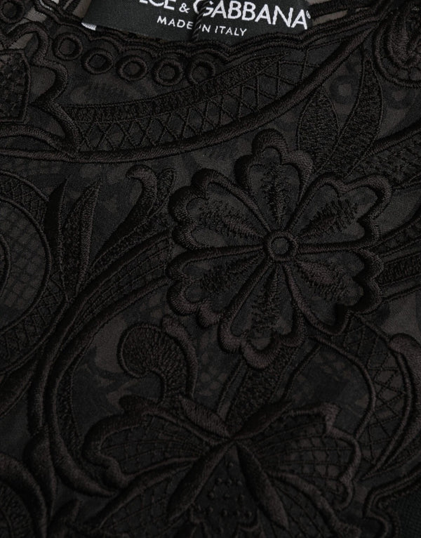 Dolce & Gabbana Black Silk Lace Trim Long Sleeves Blouse Top