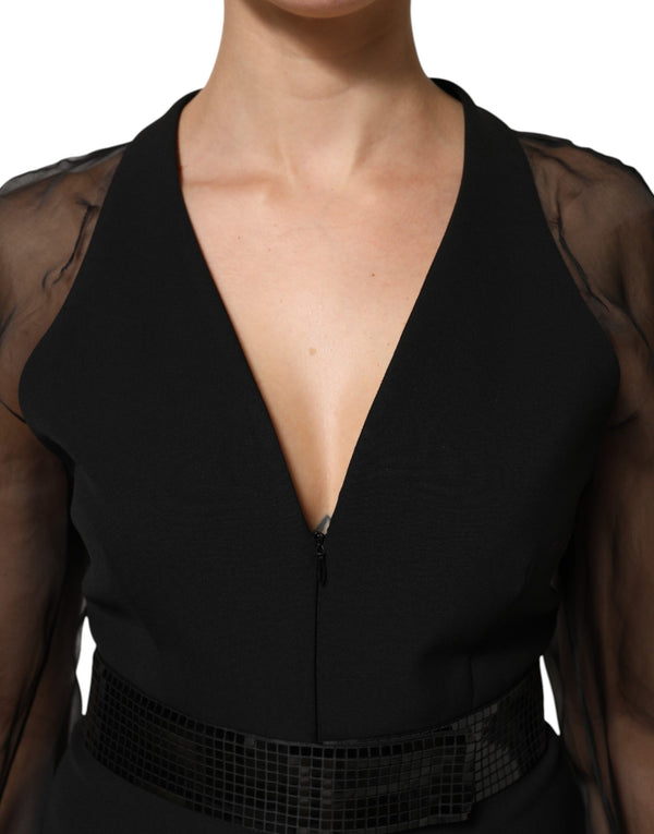 Emporio Armani Black Sheer Sleeve Belted V-Neck Mini Dress