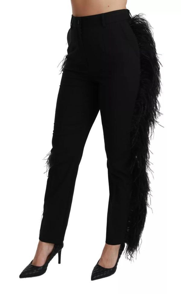 Dolce & Gabbana Black Feather Straight High Waist Pants