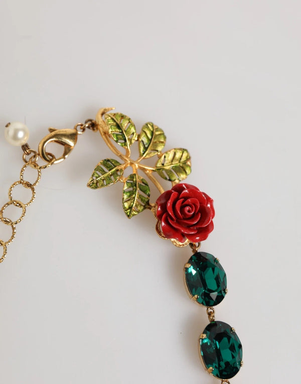 Dolce & Gabbana Red Rose Green Crystal Gold-Tone Chain Necklace