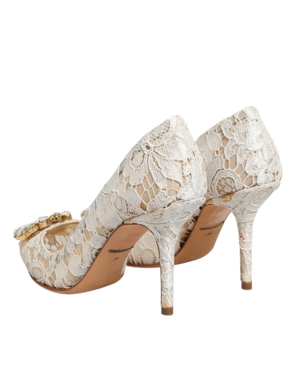 Dolce & Gabbana White Taormina Lace Crystal Heel Pumps Shoes