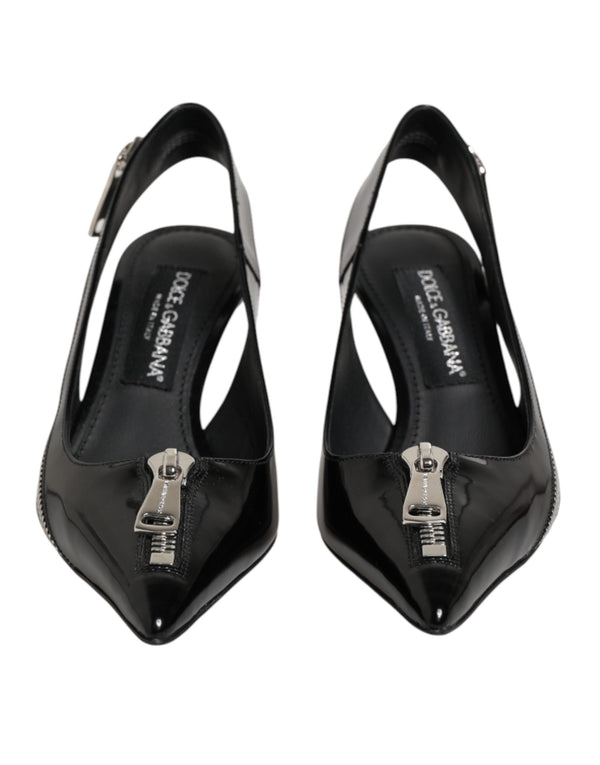 Dolce & Gabbana Black Zipper Leather Heels Slingbacks Shoes