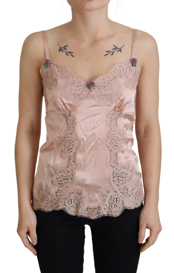 Dolce &amp; Gabbana Pink Satin Lace Roses Tank Top Alusvaatteet