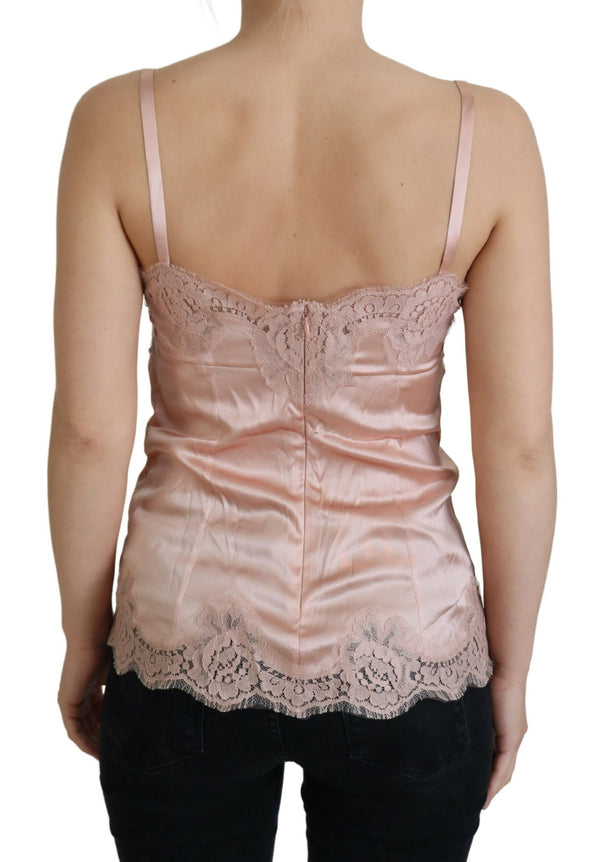 Dolce &amp; Gabbana Pink Satin Lace Roses Tank Top Alusvaatteet