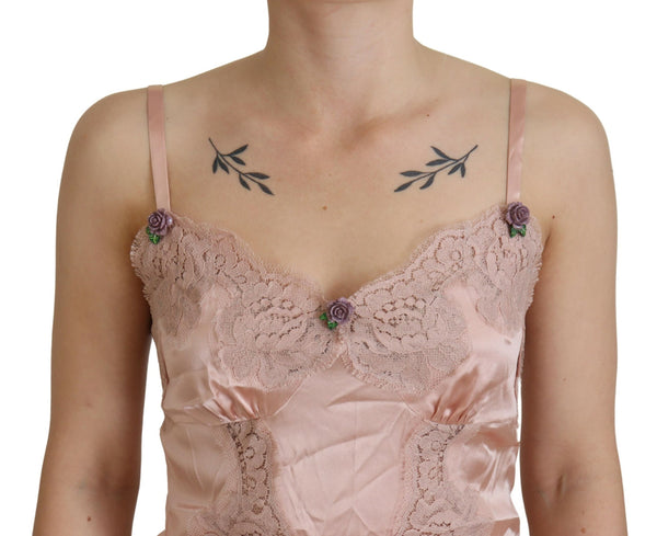Dolce &amp; Gabbana Pink Satin Lace Roses Tank Top Alusvaatteet