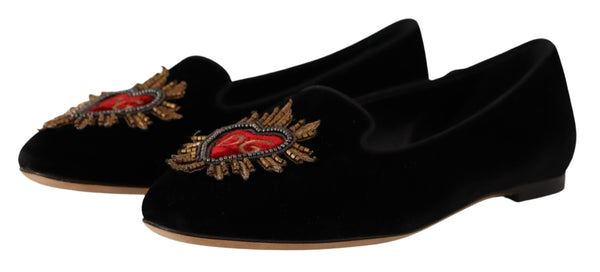 Dolce &amp; Gabbana Black DG Sacred Heart Patch Slip on litteät kengät