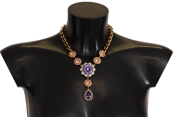 Dolce &amp; Gabbana Gold Brass Crystal Purple Pink Pearl Pendants kaulakoru