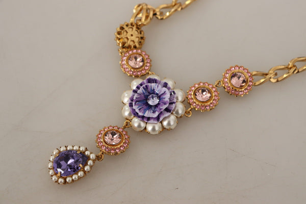 Dolce &amp; Gabbana Gold Brass Crystal Purple Pink Pearl Pendants kaulakoru