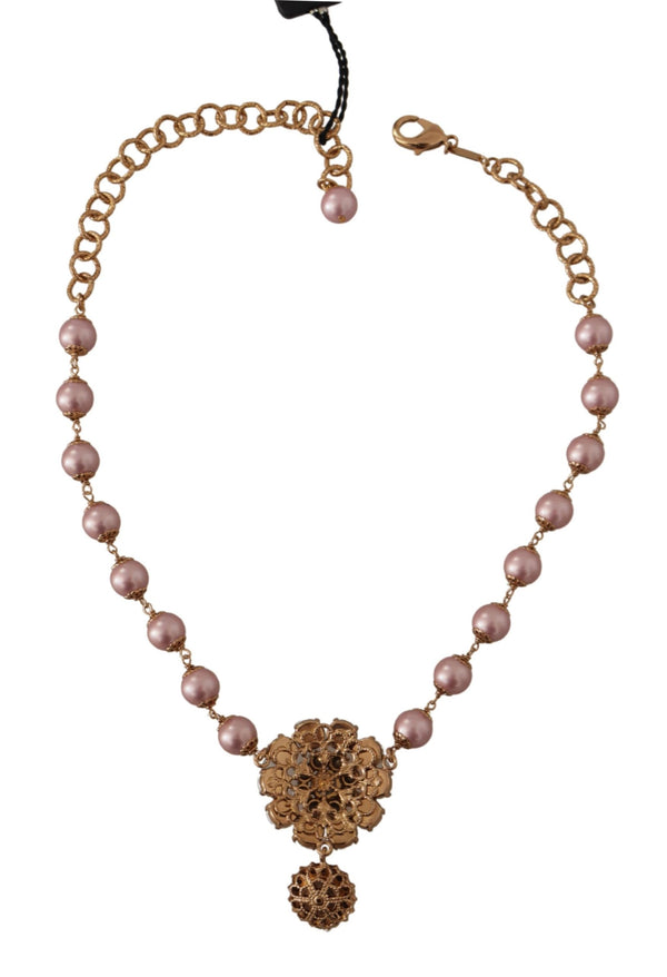 Dolce &amp; Gabbana Gold Brass Crystal Pink Faux Pearl Pendants kaulakoru