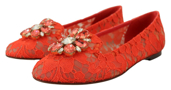 Dolce &amp; Gabbana Red Taormina Lace Crystals Ballet Flats -kengät