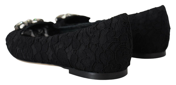 Dolce &amp; Gabbana Mustat Taormina Lace Crystals Flats -kengät