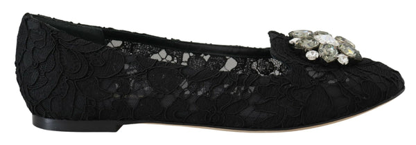 Dolce &amp; Gabbana Mustat Taormina Lace Crystals Flats -kengät