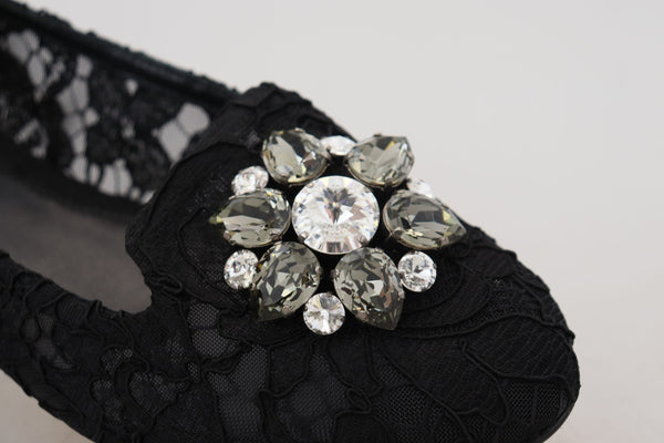 Dolce &amp; Gabbana Mustat Taormina Lace Crystals Flats -kengät