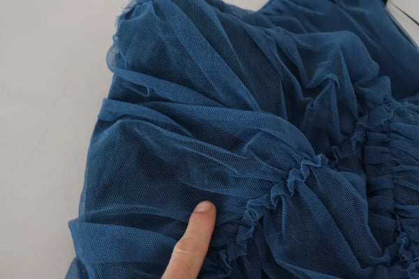 Dolce & Gabbana Blue Mesh Trim Ruched Tulle Sheath Dress
