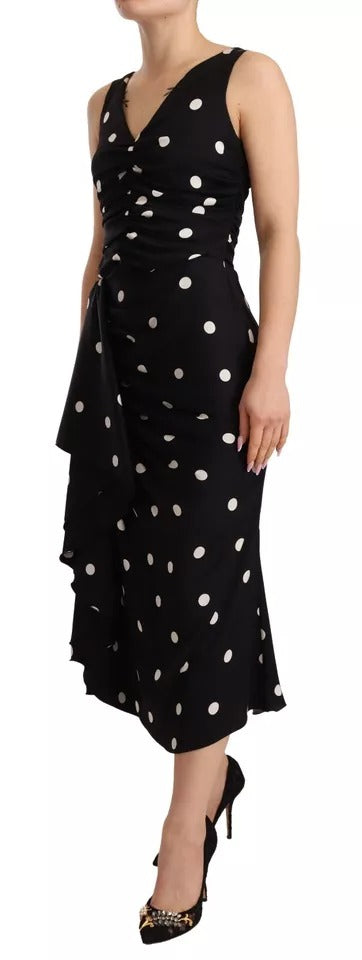 Dolce & Gabbana Black Silk Polka Dots V-neck Sheath Midi Dress