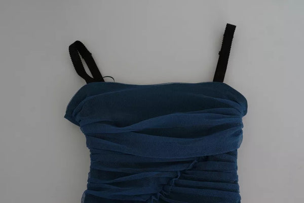 Dolce & Gabbana Blue Draped Tulle Midi Sheath Cotton Dress