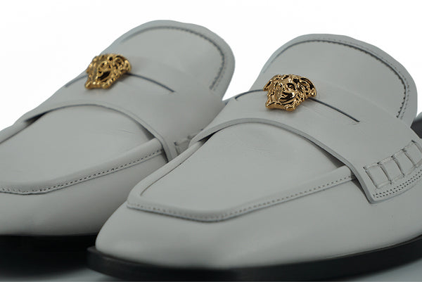 Versace White Calf Leather Slides Litteät kengät