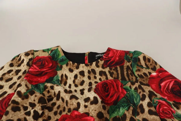 Dolce & Gabbana Brown Leopard Red Roses Cotton A-line Dress