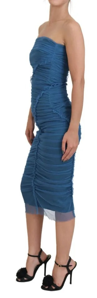 Dolce & Gabbana Blue Mesh Trim Ruched Tulle Sheath Dress