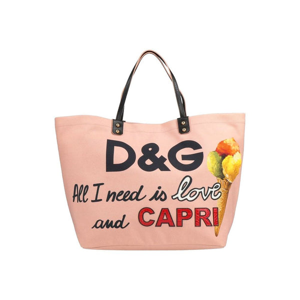 Dolce & Gabbana Elegant Pink Cotton Shopper with Calfskin Accents
