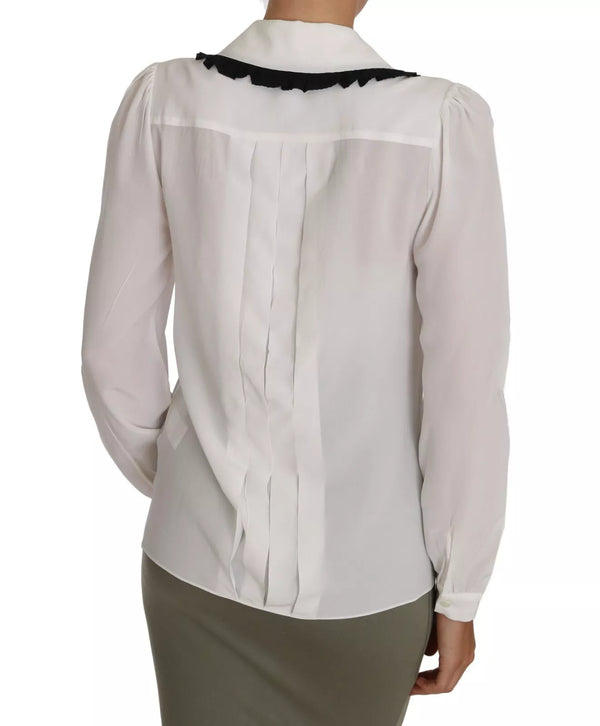 Dolce & Gabbana White Silk Shirt Ruffle Rouded Collar Blouse