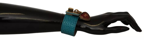 Dolce & Gabbana Blue Leather Gold DG Heart Pendant Wide Bracelet
