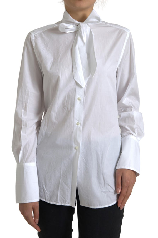 Dolce &amp; Gabbana White Cotton Ascot Collar pitkähihainen toppi