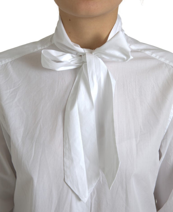 Dolce &amp; Gabbana White Cotton Ascot Collar pitkähihainen toppi