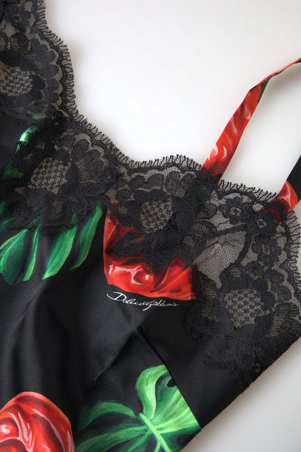 Dolce &amp; Gabbana Black Anthurium Print Silk Camisole Top Alusvaatteet