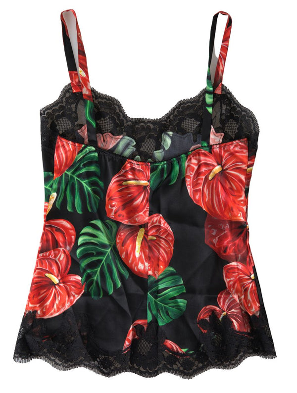 Dolce &amp; Gabbana Black Anthurium Print Silk Camisole Top Alusvaatteet
