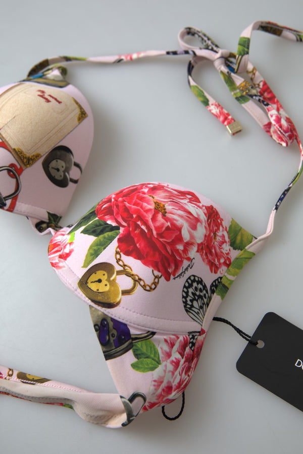 Dolce &amp; Gabbana Pink Floral Halter Beachwear Swimwear Bikini Top
