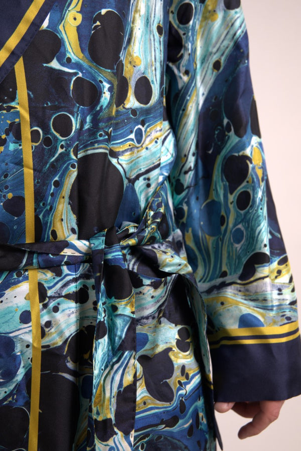 Dolce &amp; Gabbana Marble Blue Silk Waist vyö kaapu yöpuvut