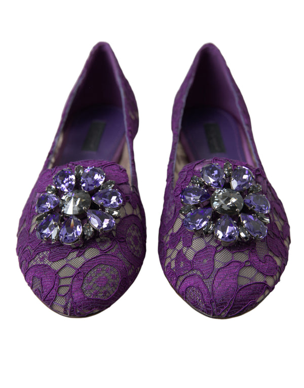 Dolce &amp; Gabbana Purple Vally Taormina Lace Crystals Flats -kengät