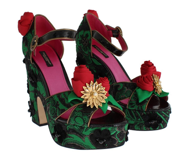 Dolce &amp; Gabbana Green Brocade Snakeskin Roses -kristallikengät