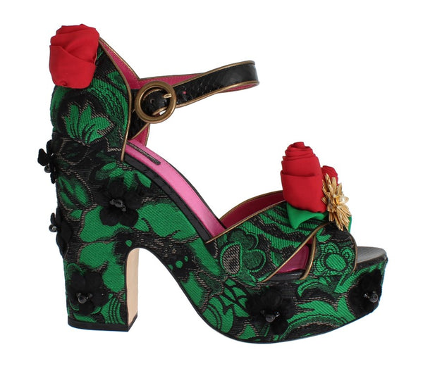 Dolce &amp; Gabbana Green Brocade Snakeskin Roses -kristallikengät