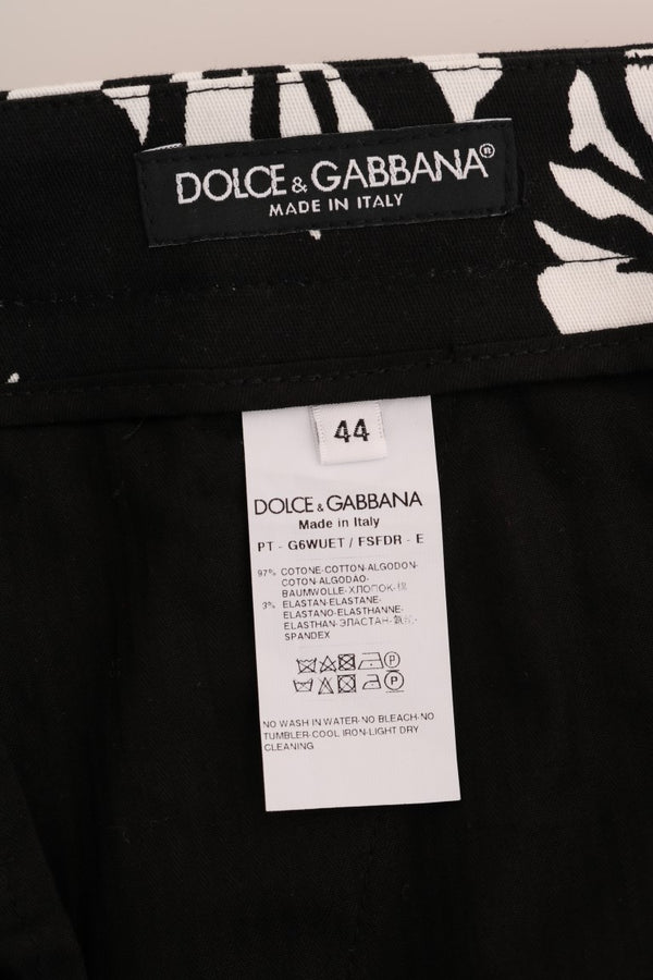 Dolce &amp; Gabbana White Black Leaf Cotton Stretch Slim -housut