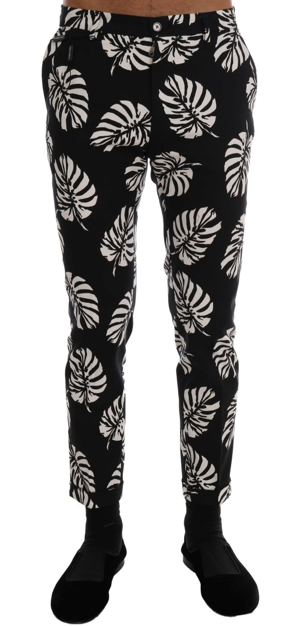 Dolce &amp; Gabbana White Black Leaf Cotton Stretch Slim -housut