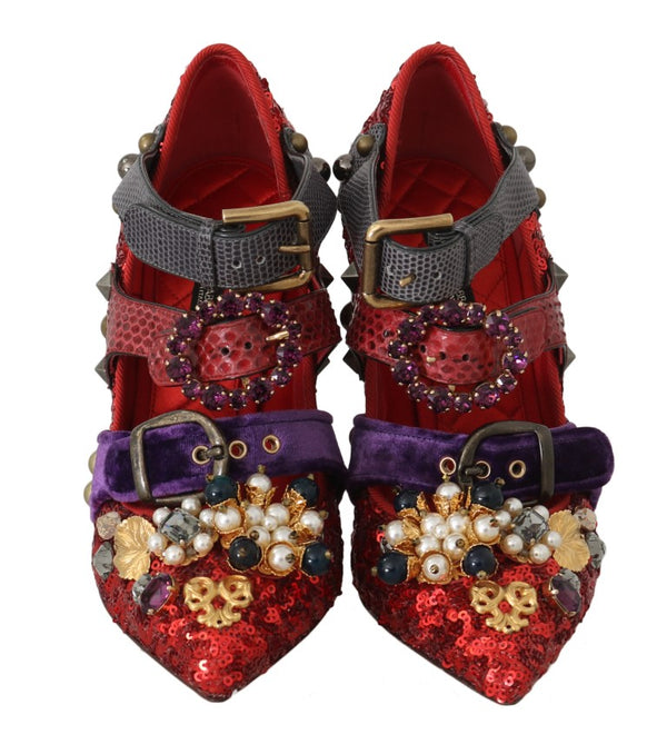 Dolce &amp; Gabbana Red Sequined Crystal Studs Heels -kengät